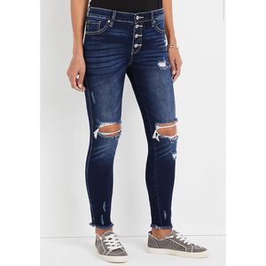 Kancan Skinny Curvy High Rise Frayed Hem Jeans Button Fly Distressed Stretch 29